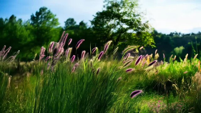 Sunlit grassland with purple foxtails in a serene meadow setting on a bright sunny day with trees in the blurred background