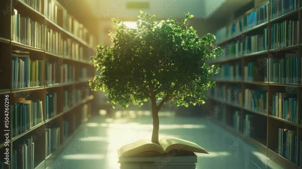 Poster a tree trunk sits atop a pile of books, symbolizing learning and growth