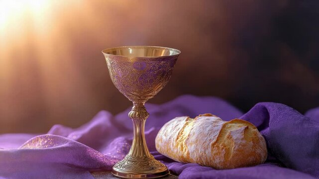 A golden goblet and a piece of bread placed on a vibrant purple cloth, perfect for use in still life or table settings
