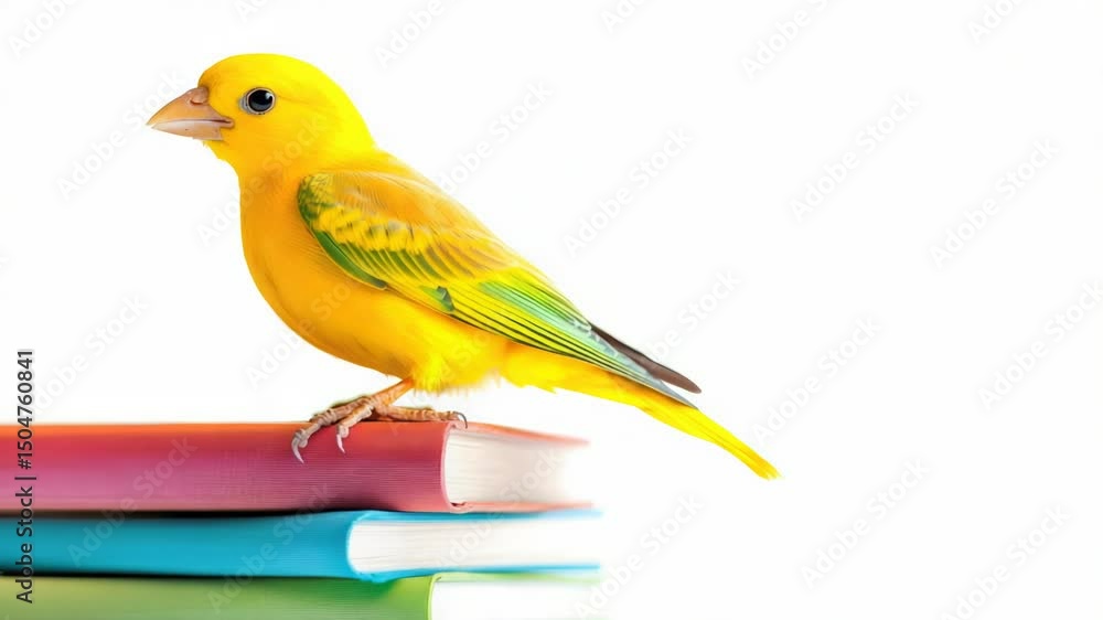 Poster a bright yellow bird perched on top of a stack of books, perhaps seeking inspiration or learning fro