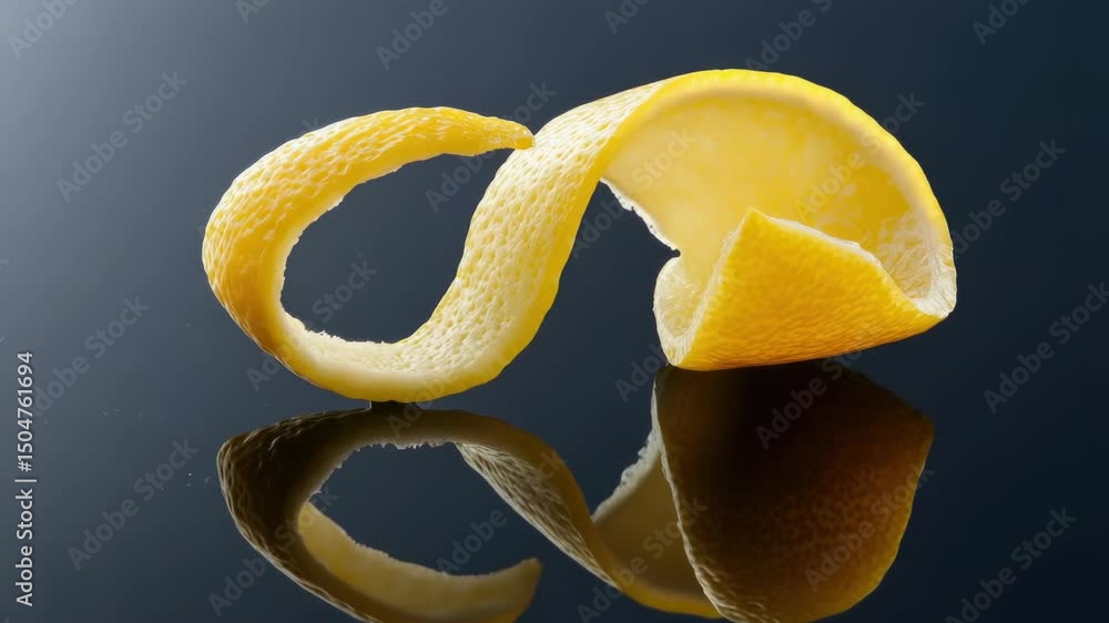 Poster a single orange peel lies on a shiny surface, creating a striking visual effect
