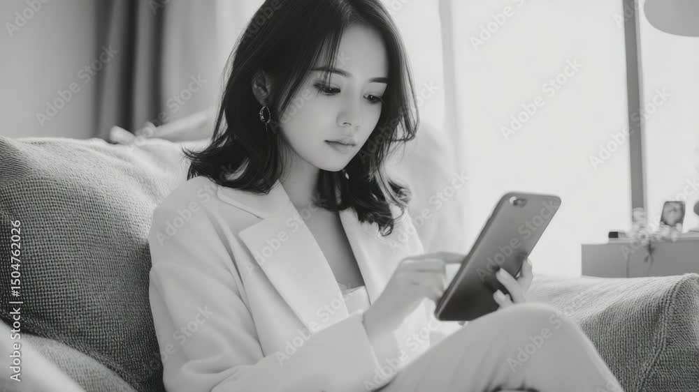 Poster a person sits on a couch looking at their smartphone, possibly reading or texting
