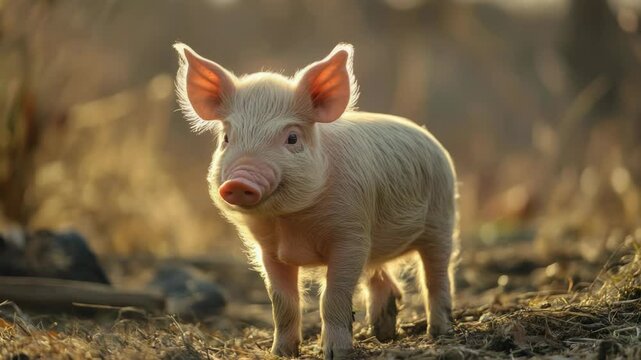 A small white pig stands alone in a green field