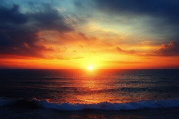Fototapeta premium Vivid ocean sunset with golden sun reflecting on calm waves under colorful sky with scattered clouds