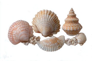 Obraz premium Collection of various seashells including scallop and spiral shells arranged on white background showcasing natural patterns and textures