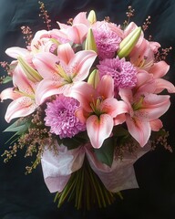 Elegant bouquet of pink lilies and chrysanthemums with green leaves wrapped in delicate pink paper against a dark background, evoking beauty and tranquility