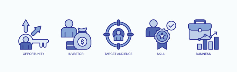 Fototapeta premium Foundations Of Success Icon Set Isolated Vector With Icon Of Opportunity, Investor, Target Audience, Skill, Business In Blue Style