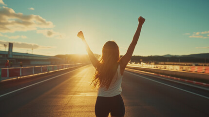 Female athlete celebrating victory at finish line at sunset