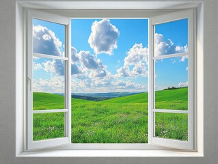Obraz premium Open white-framed window revealing lush green rolling hills under a bright blue sky with fluffy white clouds on a sunny day