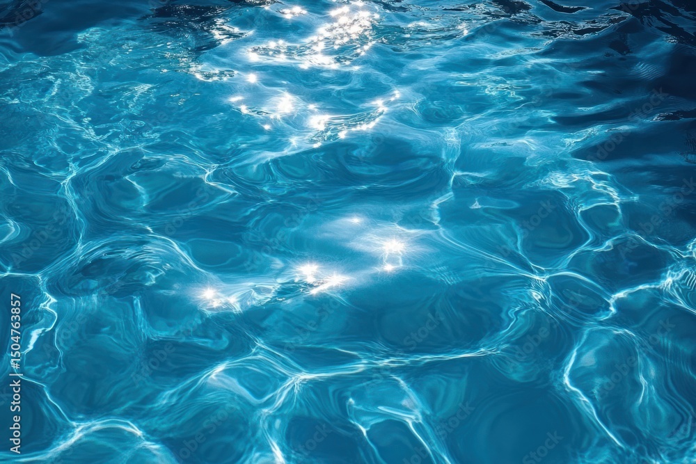 Poster bright sunlight reflecting on clear blue water surface with gentle ripples creating shimmering patte
