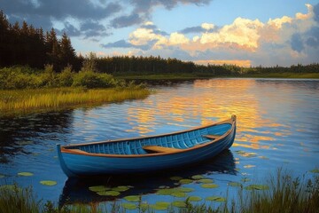 A serene blue wooden boat floats on a calm lake surrounded by lily pads, with lush green shoreline and forest in the background under a partly cloudy sky at sunset