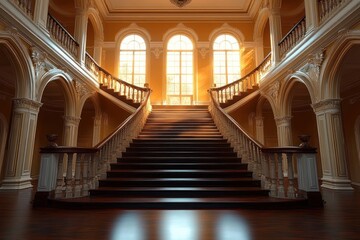 Fototapeta premium Elegant grand staircase in a luxurious classical building illuminated by warm golden sunlight streaming through tall arched windows, highlighting intricate architectural details and wooden banisters
