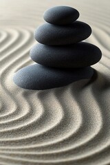 Stack of four smooth black stones on textured sand with serene, flowing wave patterns representing calm and balance