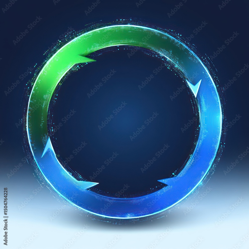 Poster glowing digital circular arrow cycle with blue and green colors on dark background symbolizing conti