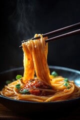 Close-up of steaming hot spaghetti noodles lifted with chopsticks over a bowl of spaghetti with tomato sauce and fresh basil leaves