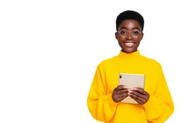 Smiling African American woman holds a tablet and wears a yellow sweater and glasses in a studio shot showing a happy expression and modern digital lifestyle with technology
