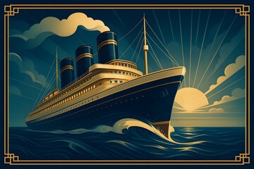 A luxurious ocean liner glides into the sunset, its gold-accented Art Deco style evoking glamour, symmetry, and adventure.