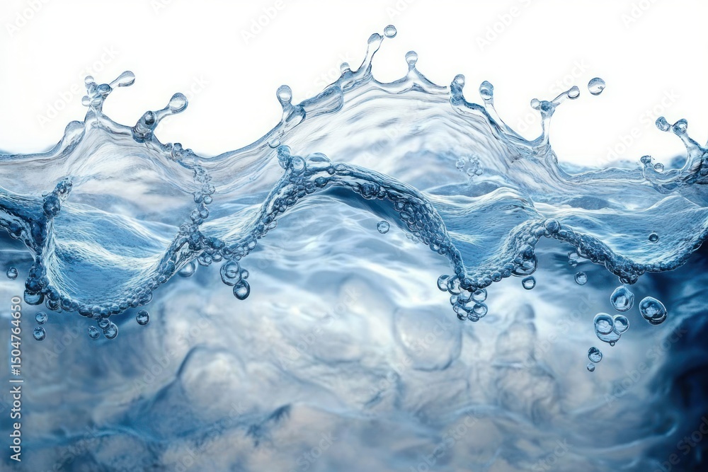 Poster crystal clear water splashing dynamically with bubbles and ripples against a white background convey