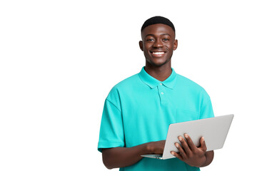 Cheerful african american man smiles while holding his laptop computer he wears a stylish teal polo shirt against a plain transparent background ready for work or study applications