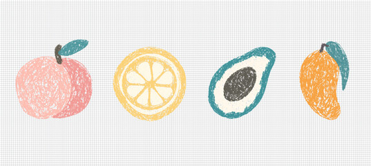 Easy edit childlike Crayon Fruit Drawings Almond, Lime, Avocado and Mango drawn with chunky, vibrant strokes