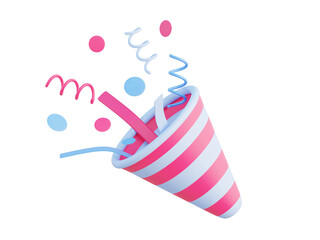3D illustration of a party popper with streamers and confetti. Symbol of celebration, party, birthday, and promotional events