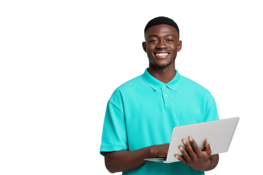 Cheerful african american man smiles while holding his laptop computer he wears a stylish teal polo shirt against a plain transparent background ready for work or study applications