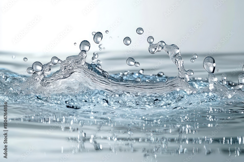 Poster close-up of water splash with droplets suspended in air creating dynamic shapes and reflections on a