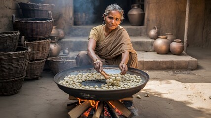 Woman Roasting Makhana in Rural Setting, Indian woman cooking outdoors