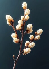 Close-up of a branch with small creamy white flower buds against a dark background, showcasing delicate natural textures and soft lighting