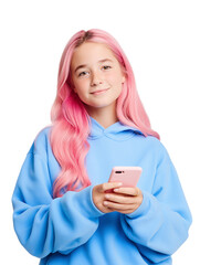 Smiling teen girl with pink hair is holding a smartphone while wearing a trendy blue hoodie She looks happy and cheerful while interacting with her phone on an isolated background