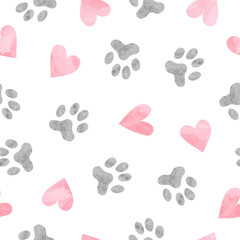Dog paws and hearts seamless pattern. Vector watercolor pets prints illustration