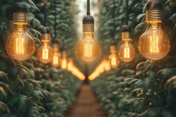 Illuminating Ideas Glowing Bulbs in a Lush Green Path