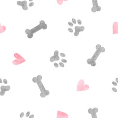 Dog paws, bones and hearts seamless pattern. Vector watercolor pets illustration