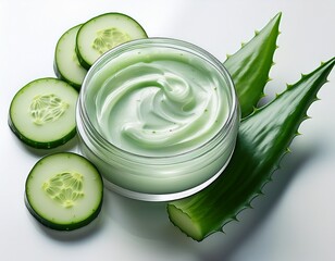 Gesichtsmaske aus Gurke und Aloe Vera Gel auf weißem Hintergrund