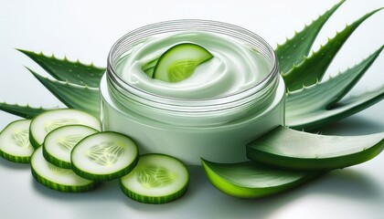 Gesichtsmaske aus Gurke und Aloe Vera Gel auf weißem Hintergrund
