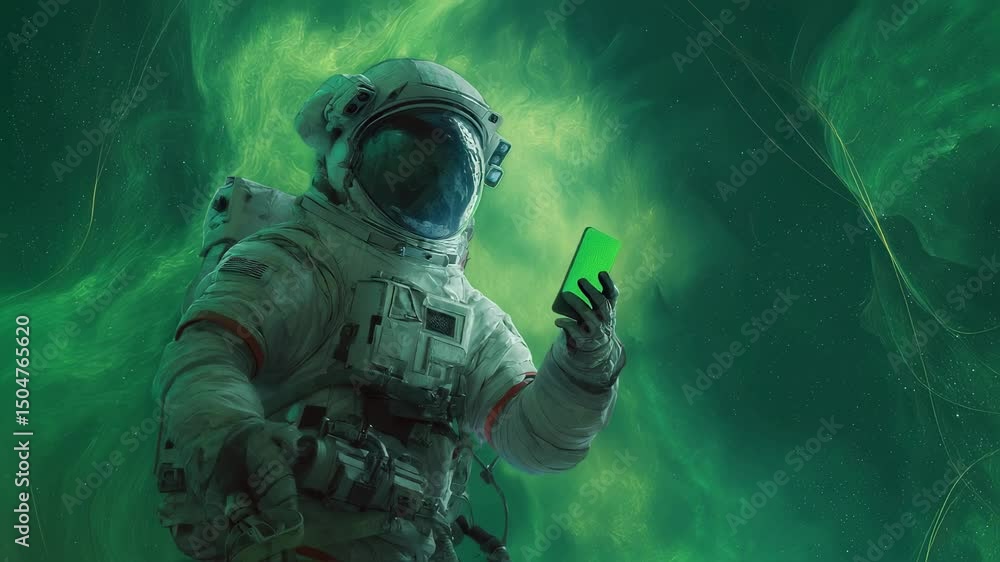 Aufkleber astronaut floating weightlessly amid green nebula background, using smartphone with green screen dis