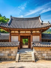Naklejka premium Traditional Korean-style building with tiled roof and wooden eaves in front of Jeondeungsa Temple entrance