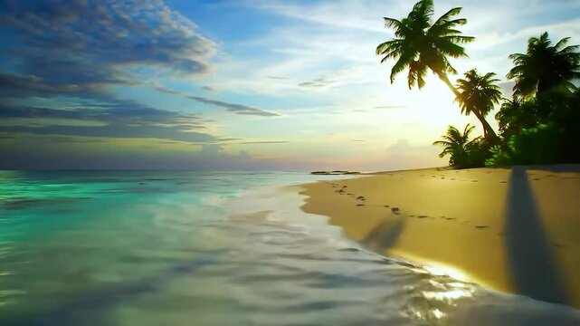 tropical beach sunset palm trees waves