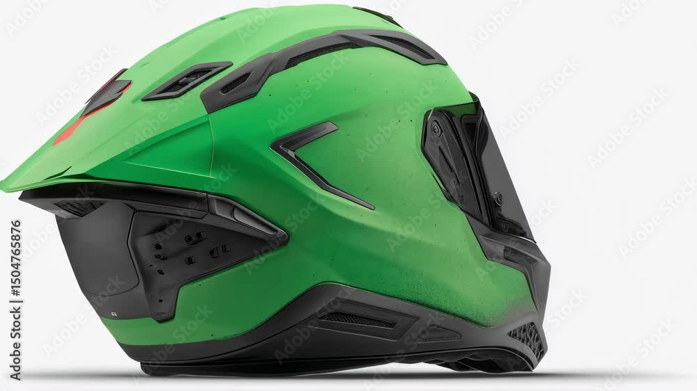 Poster precision engineered green motorcycle helmet rotating on pristine white surface, revealing intricate