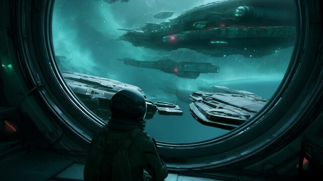 Astronaut looks out a round window at spaceships flying over a rocky alien planet landscape in misty turquoise light.