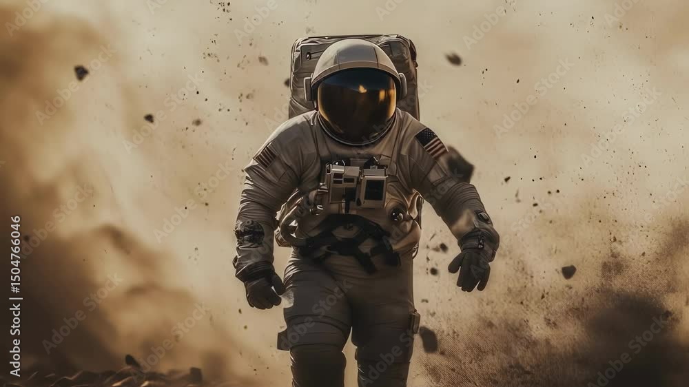 Poster astronaut wearing a spacesuit and a portable life support system runs on the surface of mars during 
