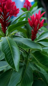 Vibrant scarlet flowers with lanceolate green leaves bloom near abstract building in tropical location