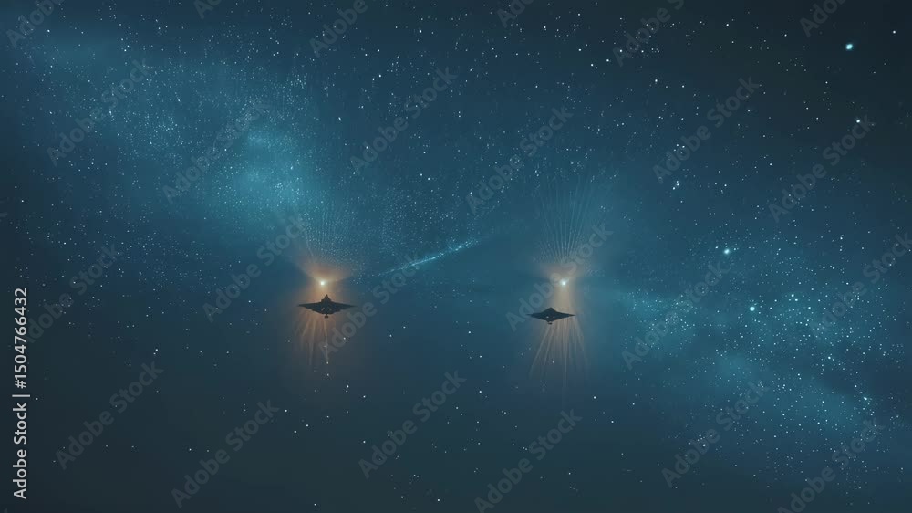 Poster two triangular spaceships are traversing the vast expanse of space, emitting powerful beams of light