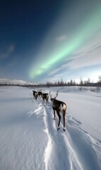 Naklejka premium Four reindeer traverse a snowy landscape, leaving tracks in the fresh snow while an enchanting aurora borealis illuminates the sky above, creating a magical winter setting