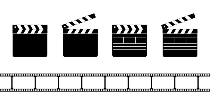 Clapper board icons and film strip isolated on white background. Closed and open movie clapboard silhouettes. Camera and action concept. Cinema production objects. Vector graphic illustration.