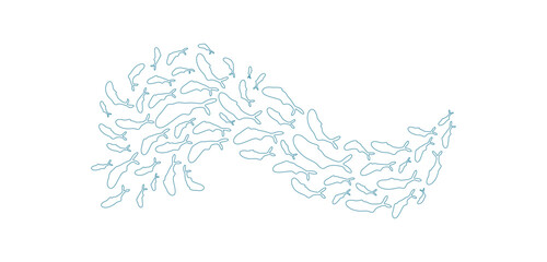Fototapeta premium Undersea fish school silhouette. Group of aquatic creatures swim in the ocean. Pattern of marine life, doodle style, perfect for summer themes or underwater illustrations.