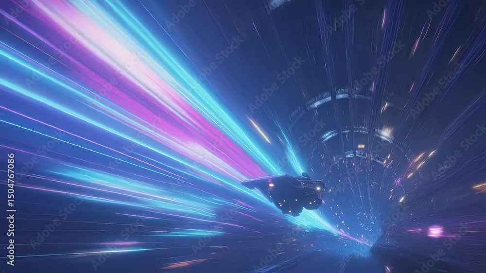 Aufkleber spaceship warping through cosmic wormhole, bending space time fabric and creating instantaneous pass