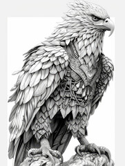 Fantasy Eagle in Ornate Armor – Black and White Illustration


