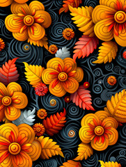 Vibrant Ornamental Floral Pattern with Orange Flowers

