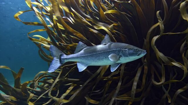 Underwater video of a fish swimming near seaweed, captured from a side angle, showcasing marine life in a natural, serene setting.